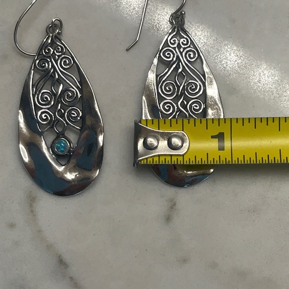 Sterling silver 925 with Opals drop fish hook earrings scroll + hammered details - Picture 10 of 10
